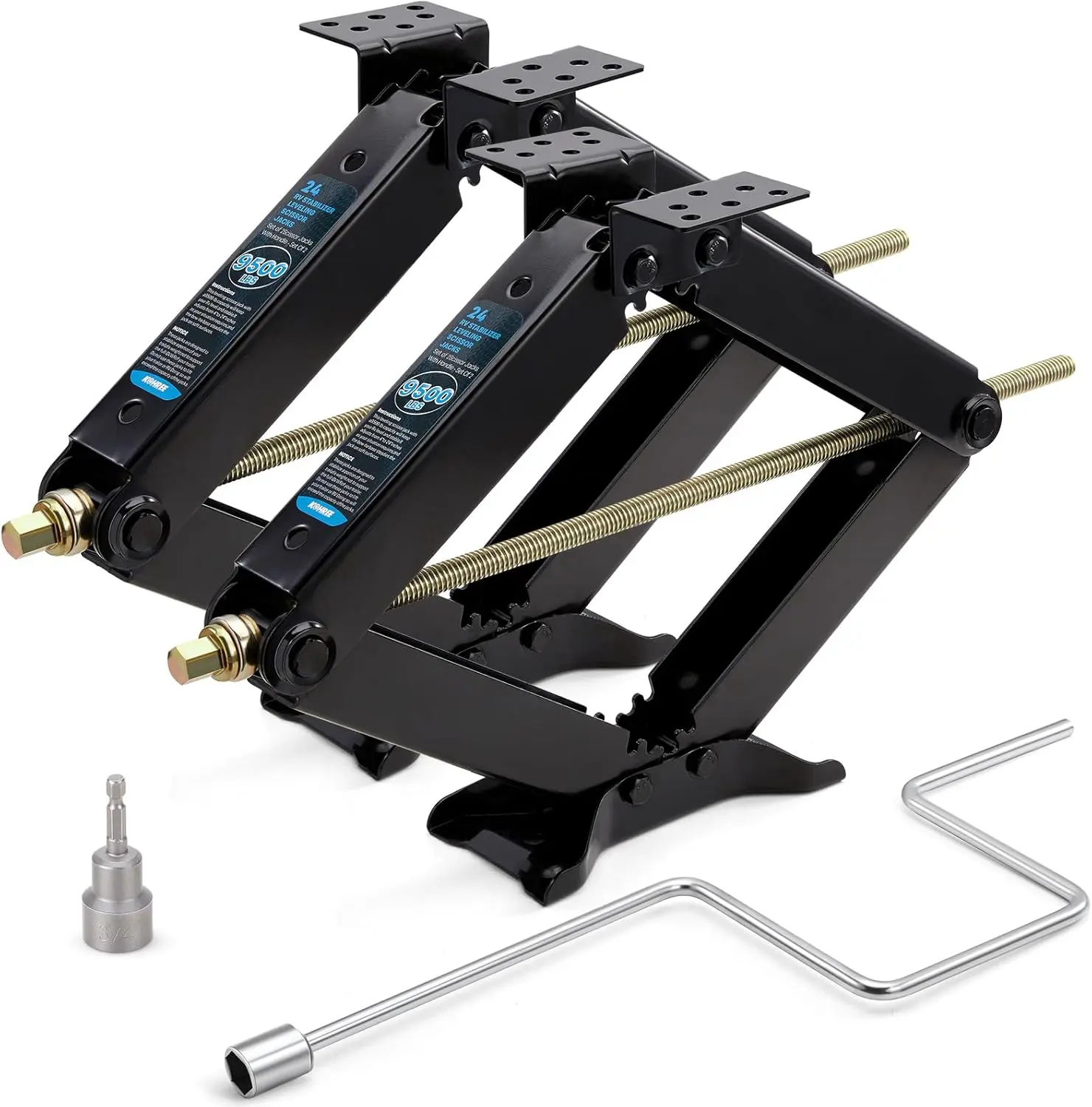 9500lbs RV Stabilizer Jacks for RV Travel Trailer Camper, Set of 2, Heavy Duty Scissor Jacks Kit with Crank Handle and Drill Bit, Max Lifting Height 24"