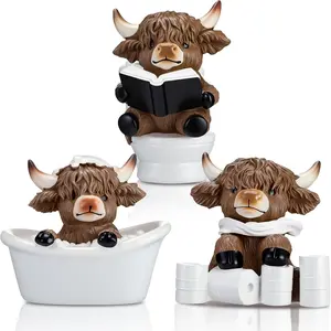 Three-Piece Highland Cow Figurine Set, Scottish Resin Statue, Cow Lover Gift, Home Garden Kitchen Office Multi-Layer Tray Table Decor, Resin Animal Sculptures
