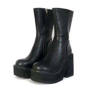 Motorcycle Mid-calf Boots Platform Chunky Block High Heel Round Toe Punk Cool Fashion Ankle Boots For Woman Shoes