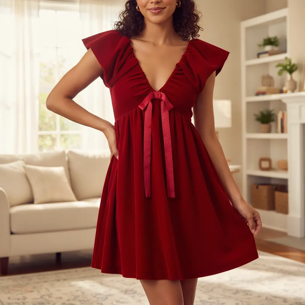 Women Christmas Cocktail Party Mini Dress Puff Short Sleeve V Neck Babydoll Dress Cute Bow Front Swing Dresses