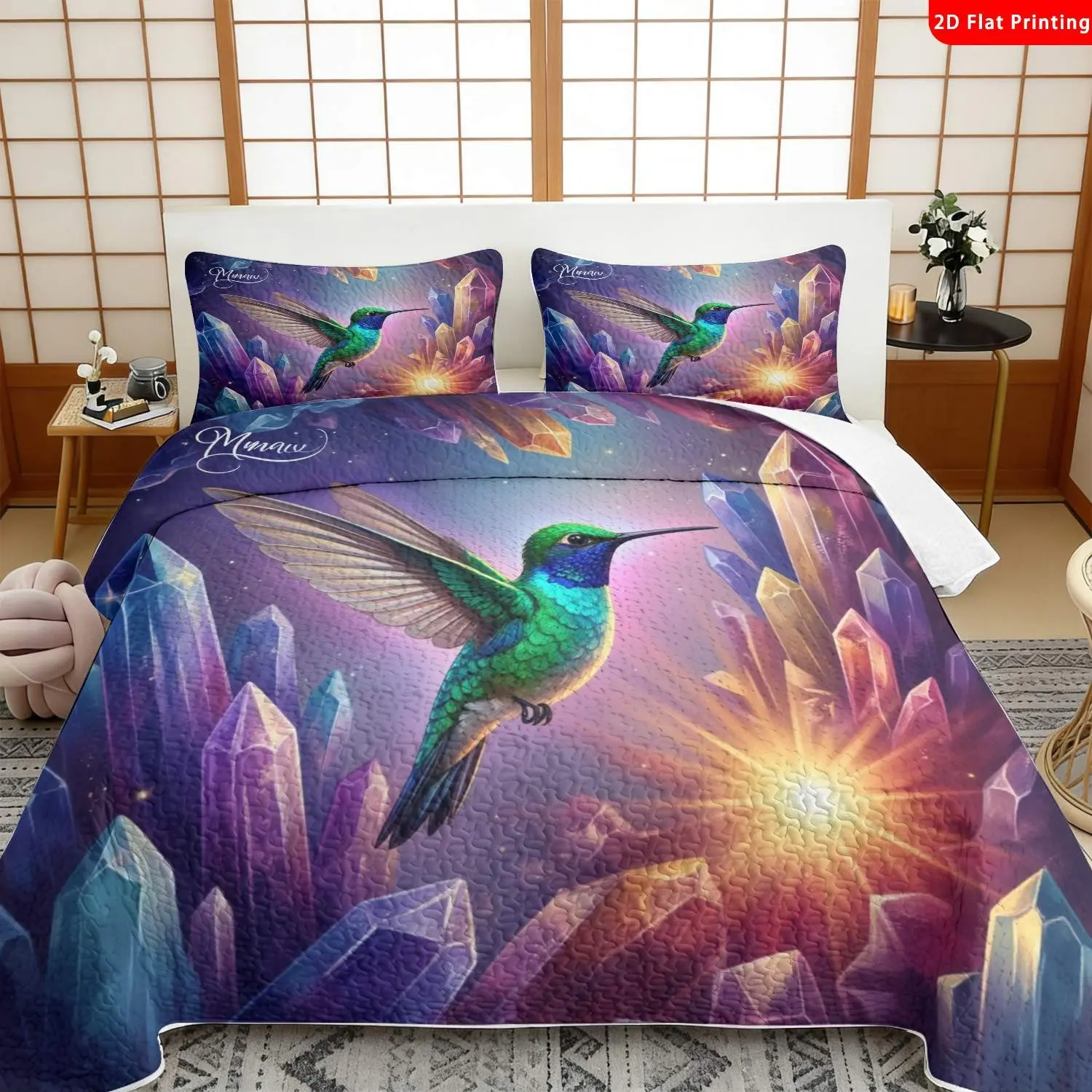 3 pcs, 2D flat print Watercolor Hummingbird & Crystal bed cover set, Fantasy Nature theme, multiple sizes available, bedding set, festive decorative bedding, ideal for bedroom decor(1 bedspread , 2 pillowcase)