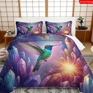3 pcs, 2D flat print Watercolor Hummingbird & Crystal bed cover set, Fantasy Nature theme, multiple sizes available, bedding set, festive decorative bedding, ideal for bedroom decor(1 bedspread , 2 pillowcase)