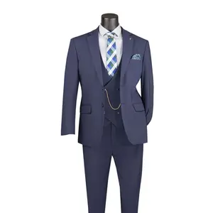 Men’s 3-Piece Modern Fit Super Stretch Suit with Pocket Square and Lapel Pin - Navy