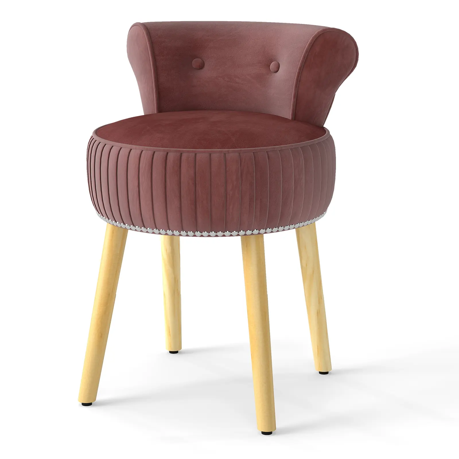 COSTWAY - Velvet Vanity Chair with Back Upholstered Vanity Stool with Tufted Low Back and Solid Wood Legs-Pink
