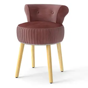 COSTWAY - Velvet Vanity Chair with Back Upholstered Vanity Stool with Tufted Low Back and Solid Wood Legs-Pink