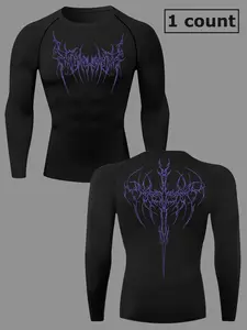 Men's Long Sleeve Compression Shirt with Thorn Wings Pattern, Tight-Fit Sports T-Shirt Baselayers Rash Guard, Spring & Fall Gym Running Quick-Dry Breathable Activewear
