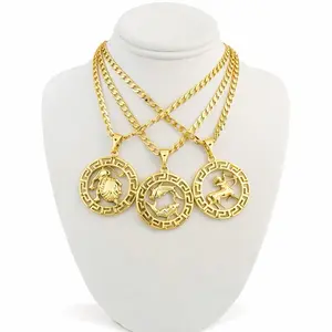 Zodiac Sign Pendant with Cuban Chain 20 Inch Long Gold-Tone Necklace Featuring Scorpion, Aquarium, all zodiac signs Aries, Taurus, Gemini, Cancer, Leo, Virgo, Libra, Scorpio, Sagittarius, Capricorn, Aquarius, and Pisces