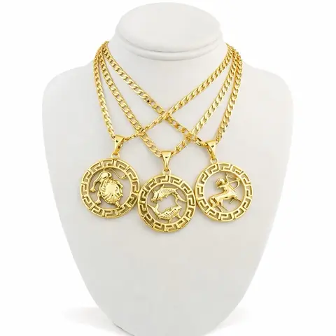 Zodiac Sign Pendant with Cuban Chain 20 Inch Long Gold-Tone Necklace Featuring Scorpion, Aquarium, all zodiac signs Aries, Taurus, Gemini, Cancer, Leo, Virgo, Libra, Scorpio, Sagittarius, Capricorn, Aquarius, and Pisces