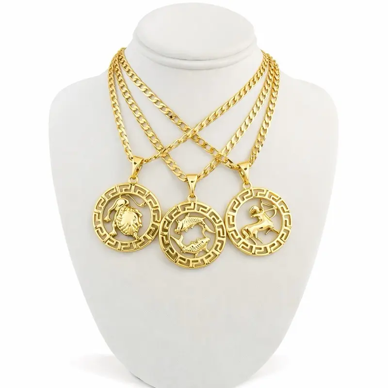 Zodiac Sign Pendant with Cuban Chain 20 Inch Long Gold-Tone Necklace Featuring Scorpion, Aquarium, all zodiac signs Aries, Taurus, Gemini, Cancer, Leo, Virgo, Libra, Scorpio, Sagittarius, Capricorn, Aquarius, and Pisces