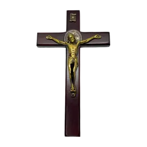 6” Wooden St. Benedict Crucifix | Gold Corpus Catholic Wall Crucifix with Medal – Home & Office Display