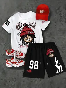Men's Hip Hop Style Cartoon Character T-Shirt And Shorts Set, Casual Fashion Streetwear Outfit With Flame And Number Print, Suitable For Streetwear And Daily Wear