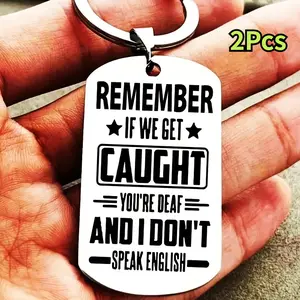 Stainless Steel Statement Slogan Keychains (2-Pcs) - "Remember If We Get Caught" Dual-Language Friendship Keyring, Best Friend Gag Gift Idea
