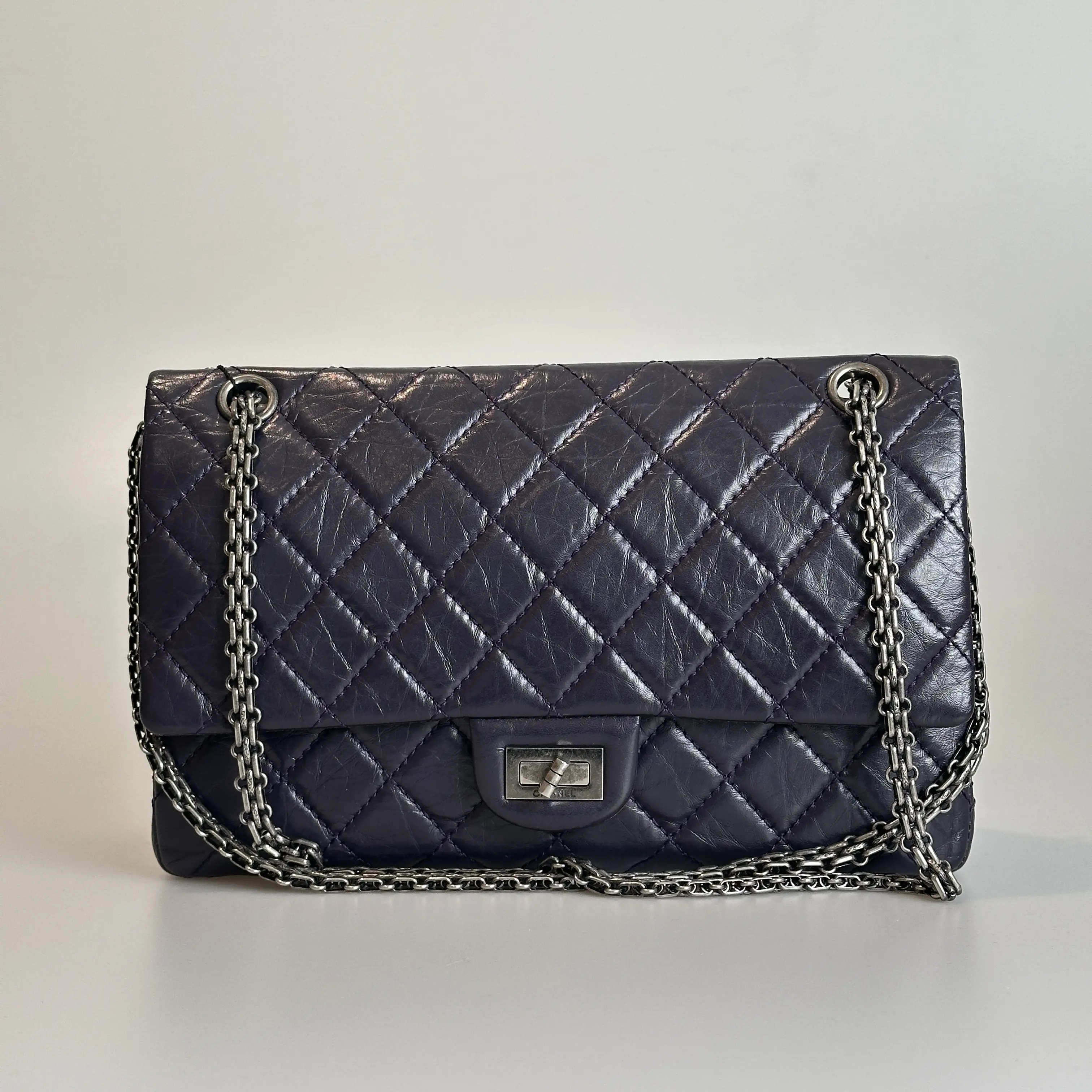Pre-owned CHANEL Distressed Calfskin Shoulder Bag 2.55 Medium Dark Purple Quilted Silver Tone Hardware 15434647