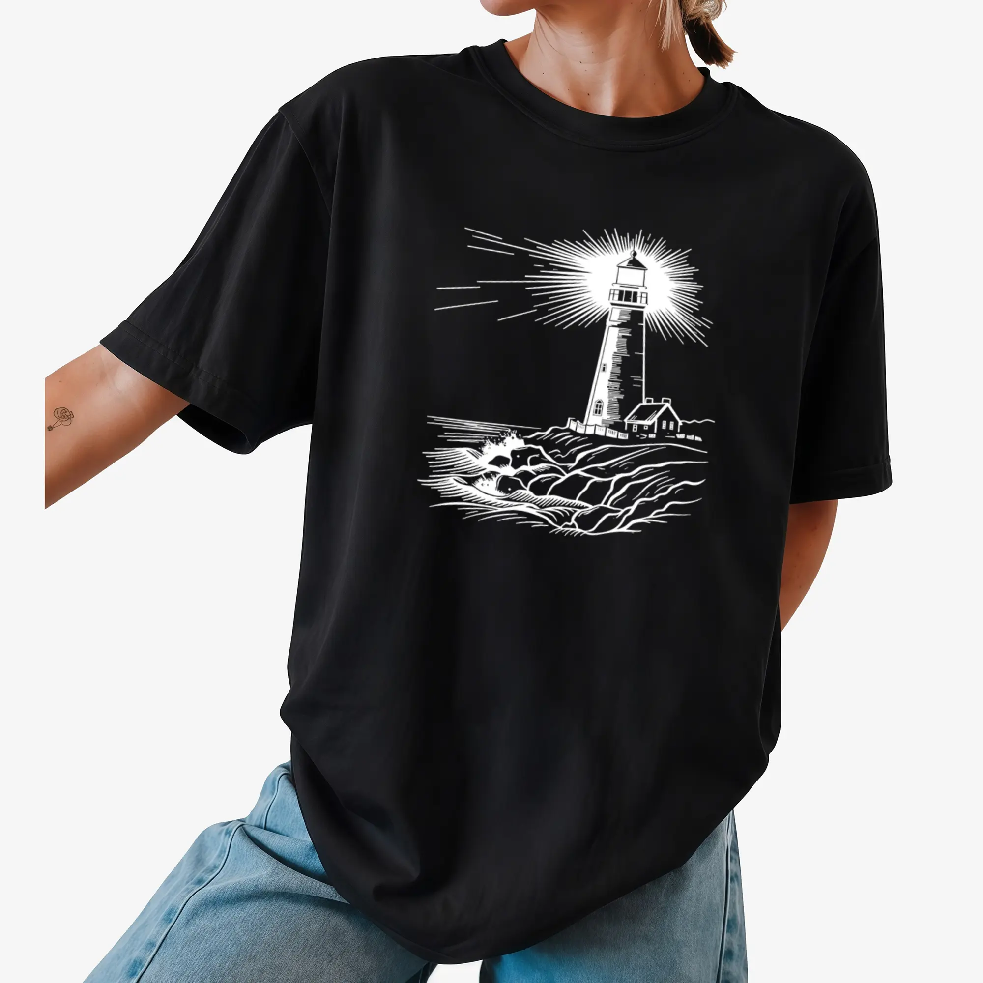 Line Art Luminous Lighthouse Seaside Scenery Printed Short Sleeve Round Neck T-Shirt, Fresh Mori Style Top for Spring Summer 2026, Elegant Party Fashion Casual Versatile Commute Women'S Wear