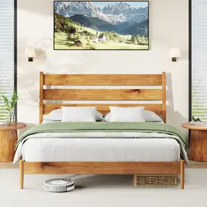 AMERLIFE Solid Wood Bed Frame with Ergonomic Headboard, King/Queen/Full Size Mid Century Wooden Platform Bed with Wood Slats & Metal Foundation Support, Non-Slip & Noise-Free, Easy Assembly, Caramel/Chocolate wood bedframe