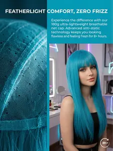 20 Inch Aqua Blue Cosplay Wig  Synthetic Long Straight Full Bangs 180g Party Wig