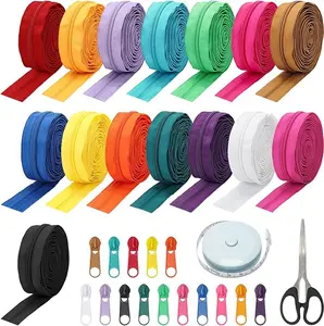 1 Set 45 Yards 15 Color Nylon Coil Zippers with 90 Pcs Pull Heads,Scissor,Ruler,Assorted Lengths Sewing Zipper for DIY Sewing Crafts Zipper Tape for Clothes,Purse Making Kit,Hand Tools Kits