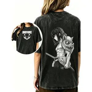 Inosuke Anime Washed Tee, Demon Slayer Vintage Manga T-Shirt, Cool Japanese Graphic Shirt, Oversized Streetwear Trendy Otaku Aesthetic Shonen Men Clothing, 2026 Graduation Father's Day Gift Summer Top