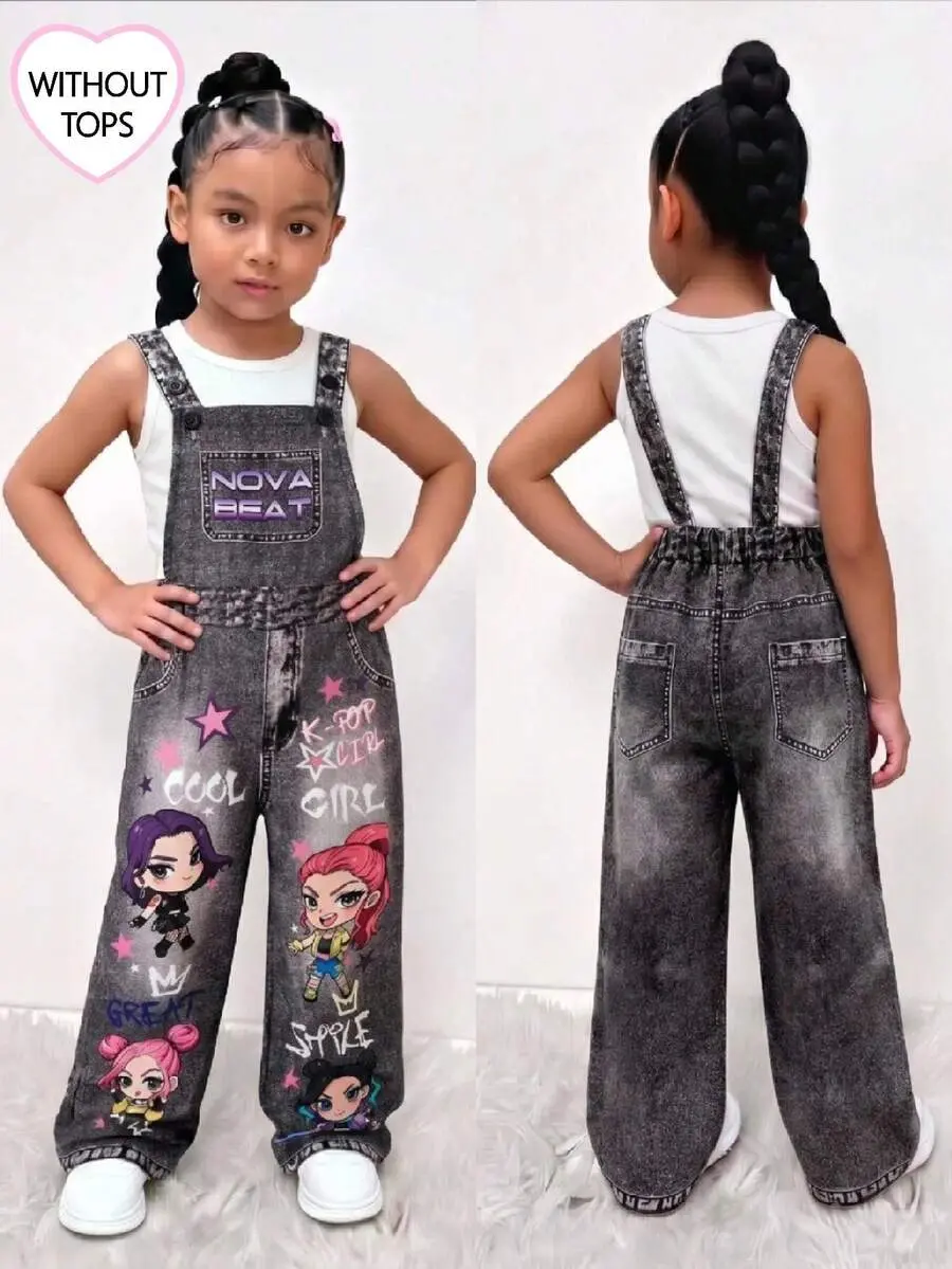 Girls' Woven Street Style Chain Detail Fun Cool Letter Print Overalls, Fashion Back To School Season Item, Spring, Summer, Autumn Personalized Jumpsuit