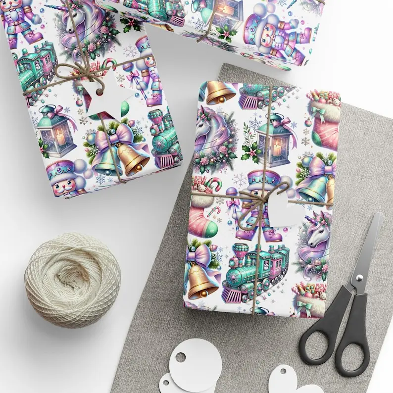 Pastel Christmas Wrapping Paper, Train Christmas Wrapping Paper Roll,Train Wrapping Paper, Pastel Nutcracker Wrapping Paper