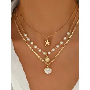 3pcs Summer Bohemian Style Multi-Color Faux Pearl Multi-Layer Necklace Set With Shell Pendant, Suitable For Beach, Travel, Daily Decoration, Outfit Matching, Dating, Party, Holiday Gift For Women