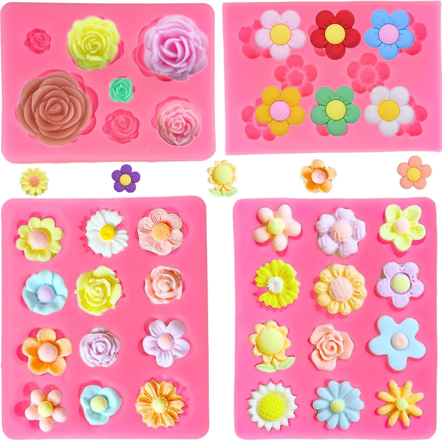 Reusable Food-Safe 4pcs Pack Silicone Flower Mold Baking Tool - Rose, Daisy, Multi-Petal Shapes - For Sugar Flipping, Chocolate Making, DIY Handicrafts (Soft Pottery, Resin Jewelry)