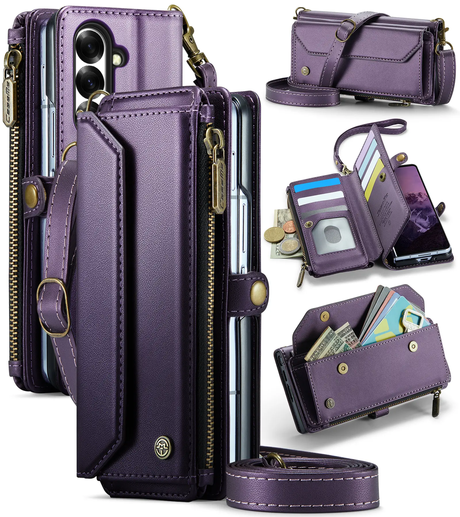 for Samsung Galaxy Z Fold 8 Ultra - Zipper Strap Wallet Case, RFID Blocking 6-Card Holder, Shoulder Lanyard, Wirst Strap, Zipper Pocket, Magnetic Snap, PU Leather, Phone Cover for Women