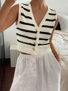 Women's V Neck Striped Button Front Pockets Sweater Vest, Casual Fitted Short Sleeve Knitted Cardigan, Summer Essential for Daily Wear
