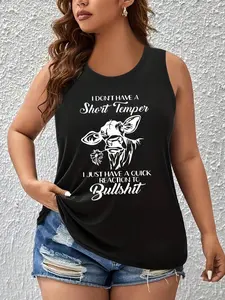 Plus Size Cow And Flower Print Tank Top, Sleeveless Casual Top For Summer & Spring, Women's Plus Size Clothing