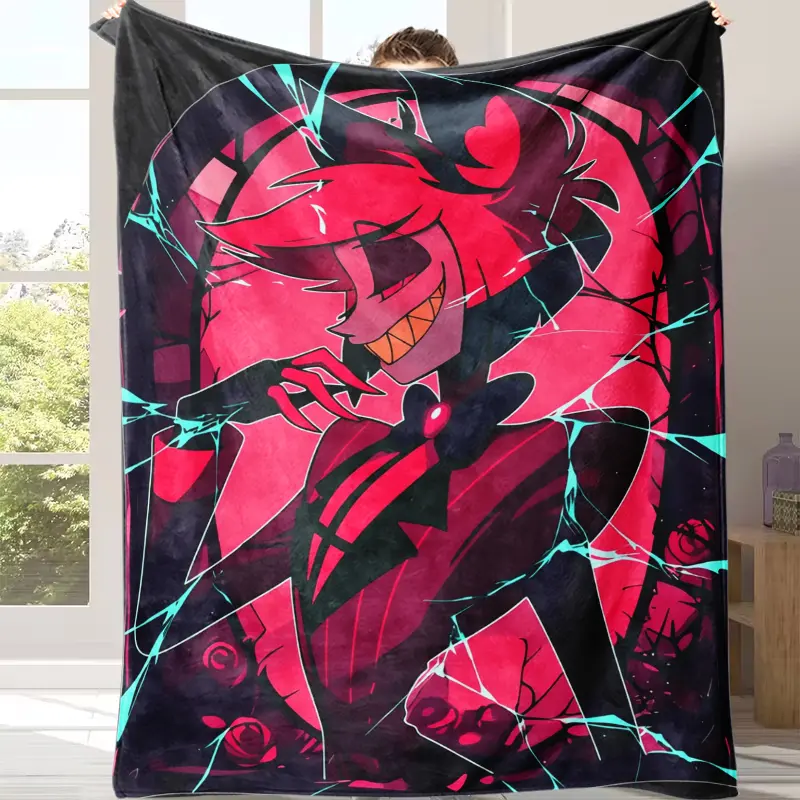 H-Hazbin Hotel Alastor Character Flannel Throw Blanket, Red Black Animated Demon Art for Gamer Rooms and Dark Lounges, Soft Sofa Accent for Late-Night Viewing & Birthday Gift for Animation Fans