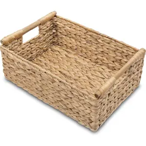 Hyacinth Large Wicker Basket 15.5x10.8x6.2" - Rectangular, Wooden Handles, Shelf Organizer