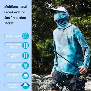 Mens Fishing Shirts Sun Hoodie with Mask Neck Gaiter, Long Sleeve UV Protection Quick Dry Sun Shirt for Outdoor Hiking Boating Fishing Beach