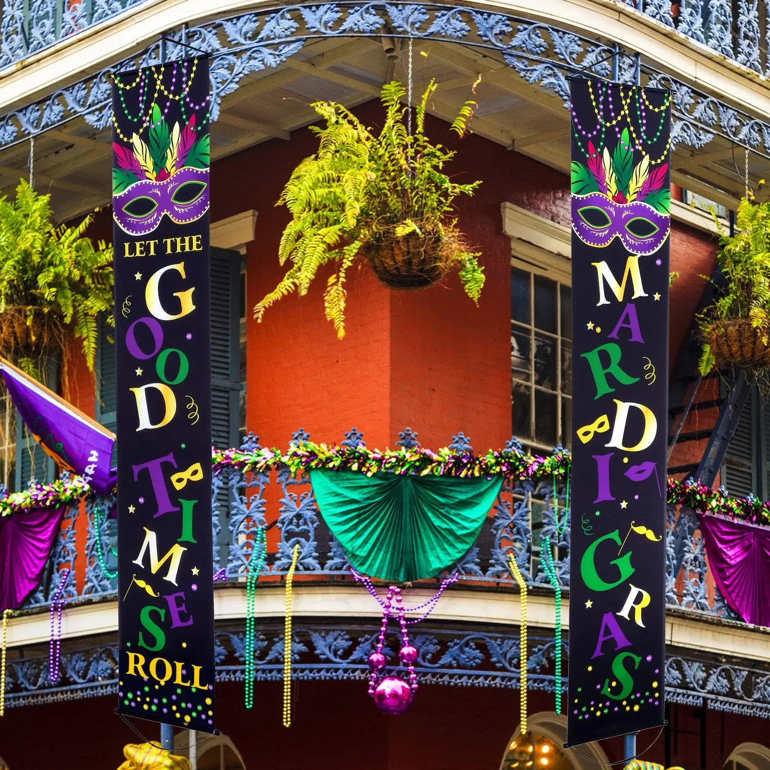 Mardi Gras Decoration Set Mardi Gras Porch Sign Welcome Banner Mardi Gras Hanging Decoration for Indoor/Outdoor Decoration Mardi Gras Masquerade Party (Black, 2 Pieces)