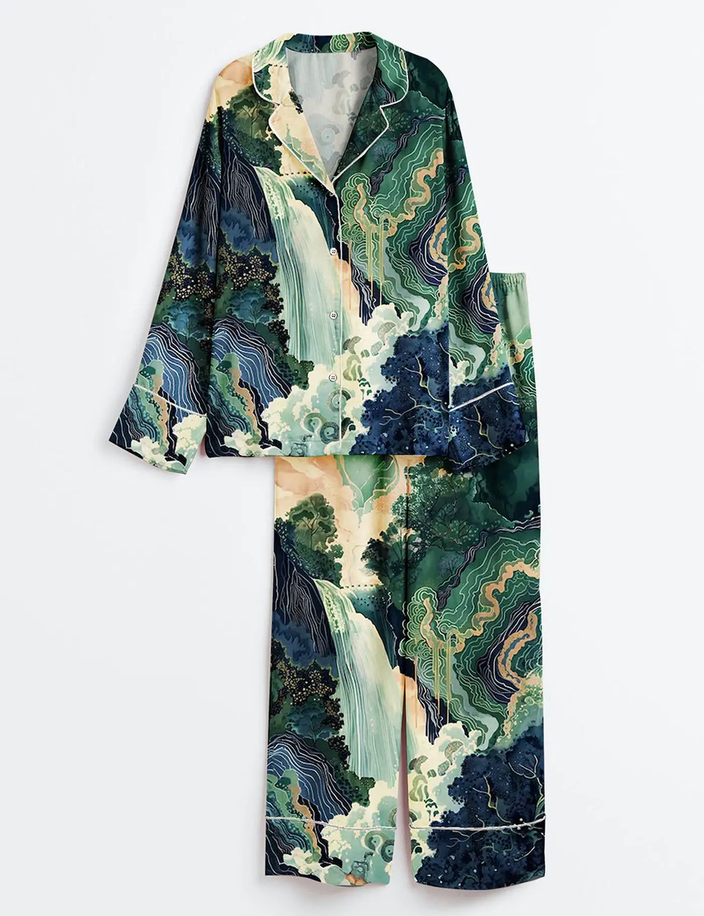 Women's Hokusai Ukiyo-e Japanese Waterfall Long Sleeve Satin Pajama Set
