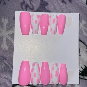 Cow Print Nail Set - Pink and White Design with Cow Pattern - As shown in the Image