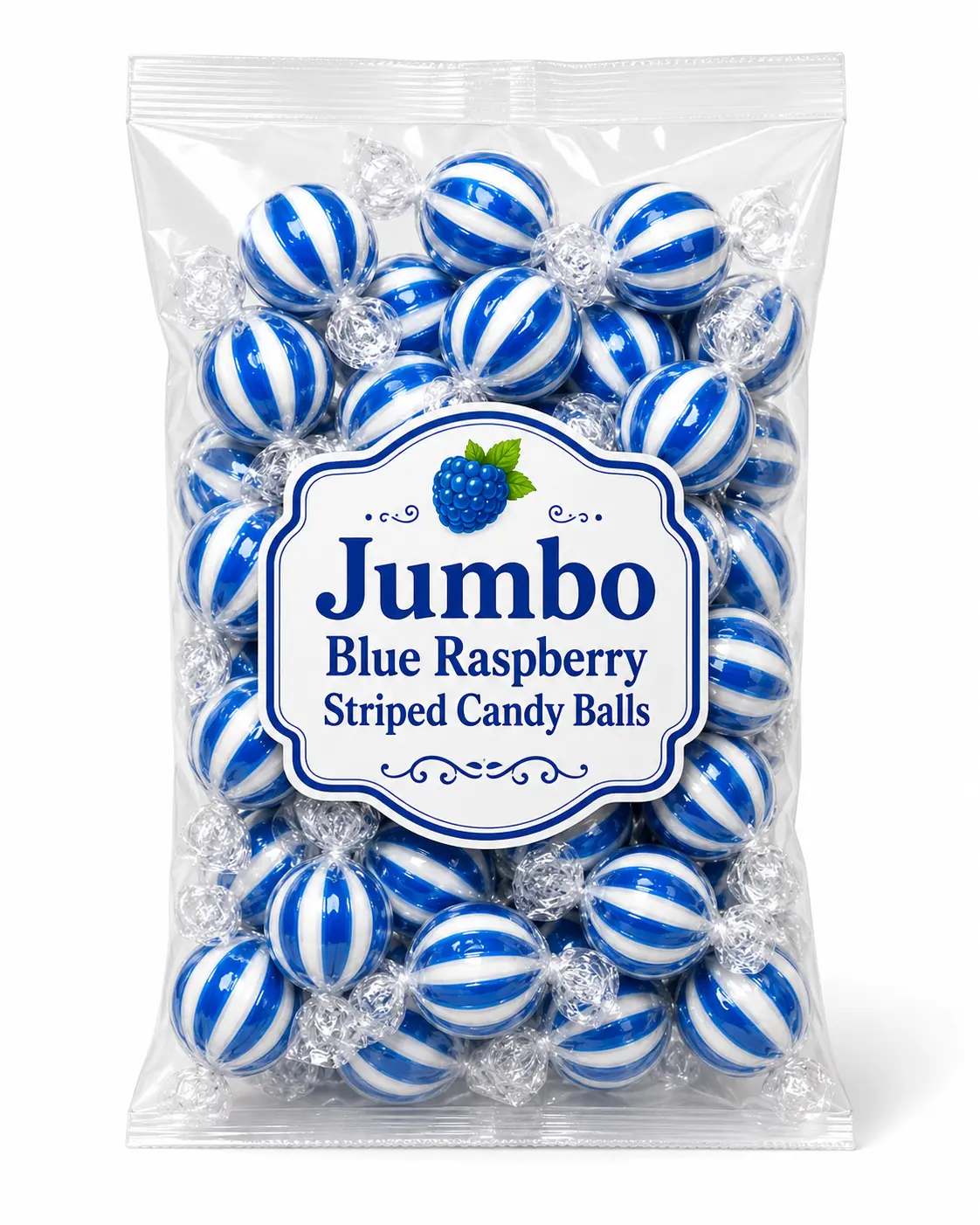 Jumbo Blue Raspberry Striped Candy Balls 1 lb Sweet Hard Wrapped Suckers