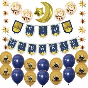 Eid Mubarak Ramadan Decorations - 18 Balloons, 1 Moon Ballon, 1 Star Ballon, 1 Banner for Celebrating Eid and Ramadan