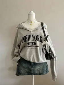 Tiktok Trendy New York Half-Zip Hoodie, Light Letter Print, Loose Fit Short Style, Perfect Layering Piece for Fall & Winter