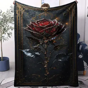 Dark Gothic Red Rose Print Flannel Blanket, Soft and Fluffy, Warm and Breathable, Suitable for Home, Camping and Travel Use, Ideal Gift for Family and Friends