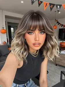 Women's Bob Wig Gradient Short Curly Hair with Bangs, 12 Inch Daily Wear Halloween Costume Wig for Women, Wavy Ombre Wig