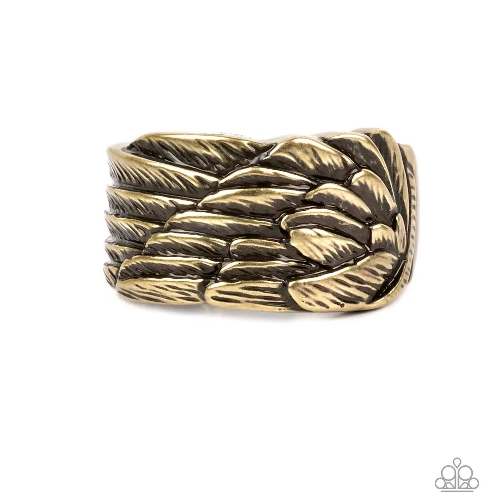 Fossil Fuel Ring - Antiqued Finish, Metallic Feather-Like Patterns, Thick Brass Band, Flexible Fit, Sold as One Individual Ring