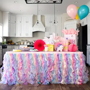 Rainbow Ruffle Table Skirt, Perfect for Weddings and Bridal Showers, Quirky Tree Pattern, Shiny Satin and Organza, Multifunctional Decoration