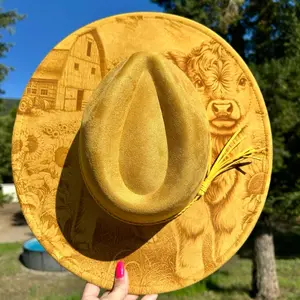 Mustard Highland Cow Engraved Fedora