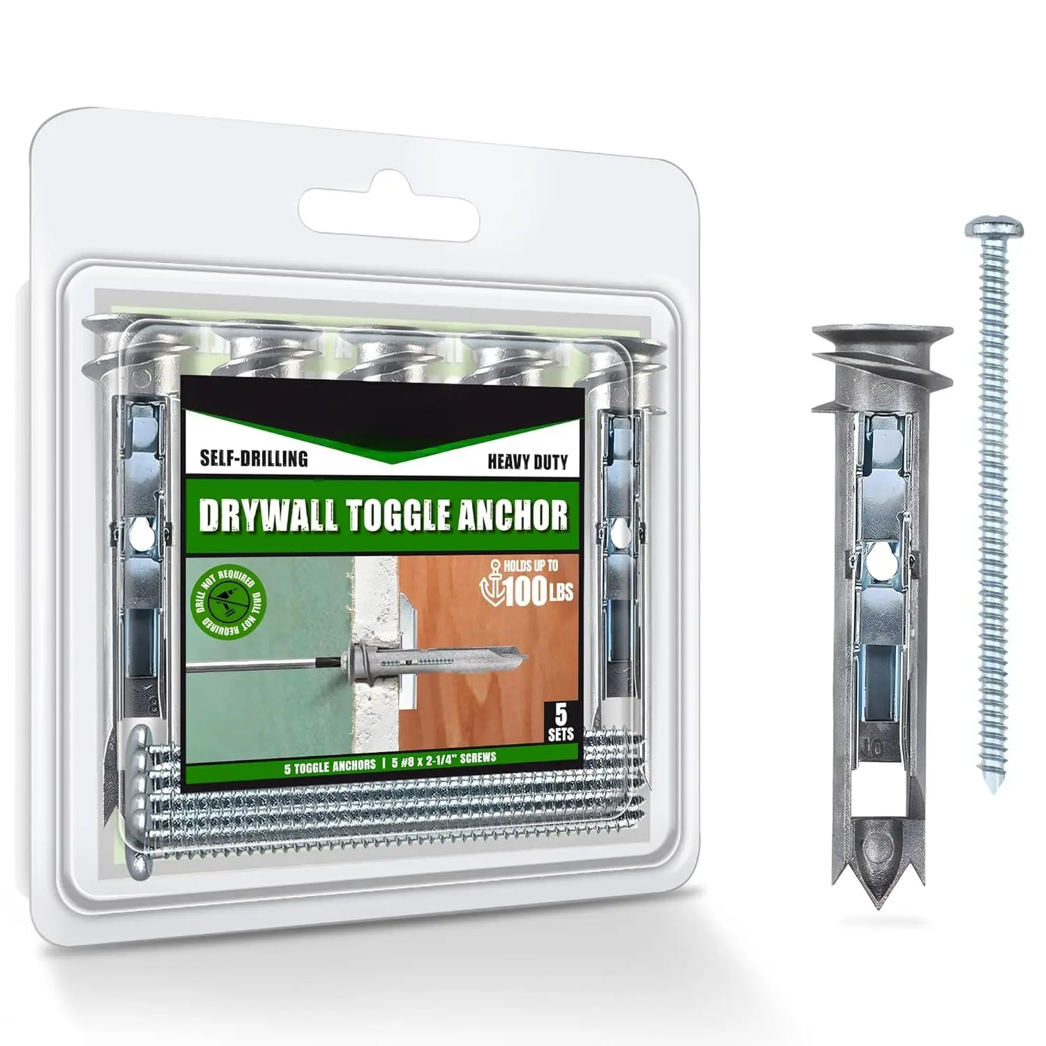 Self Drilling Ez Drywall Toggle Anchor Kit, Heavy Duty #8 Anchor with Screws - Easy Wall Ancors for Hanging and Mounting - Holds Up to 100 Lb. (5 Pack)