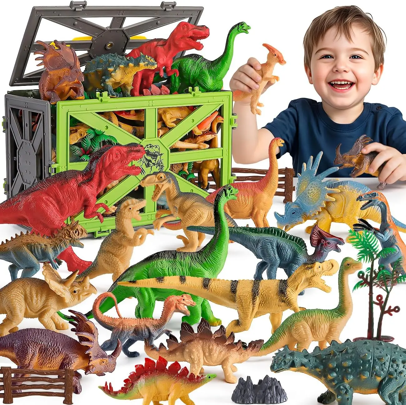 SEPHIX Dinosaur Toys for Kids 3-5, 31PCS Realistic Plastic Dinosaur Figures with Stone&Tree&Fence in Storage Cage for Toddlers Ages 5-7, Dino Toys Gifts for 3 4 5 Year Old Boys Girls