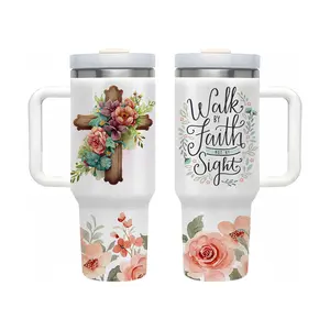 40oz Christian Tumbler with Handle, Insulated Stainless Steel Coffee Cup, "Walk by Faith Not by Sight" Floral Cross Design Travel Mug, Religious Gifts for Women, Faith-Based Christian Gifts, Bible Verse Tumbler