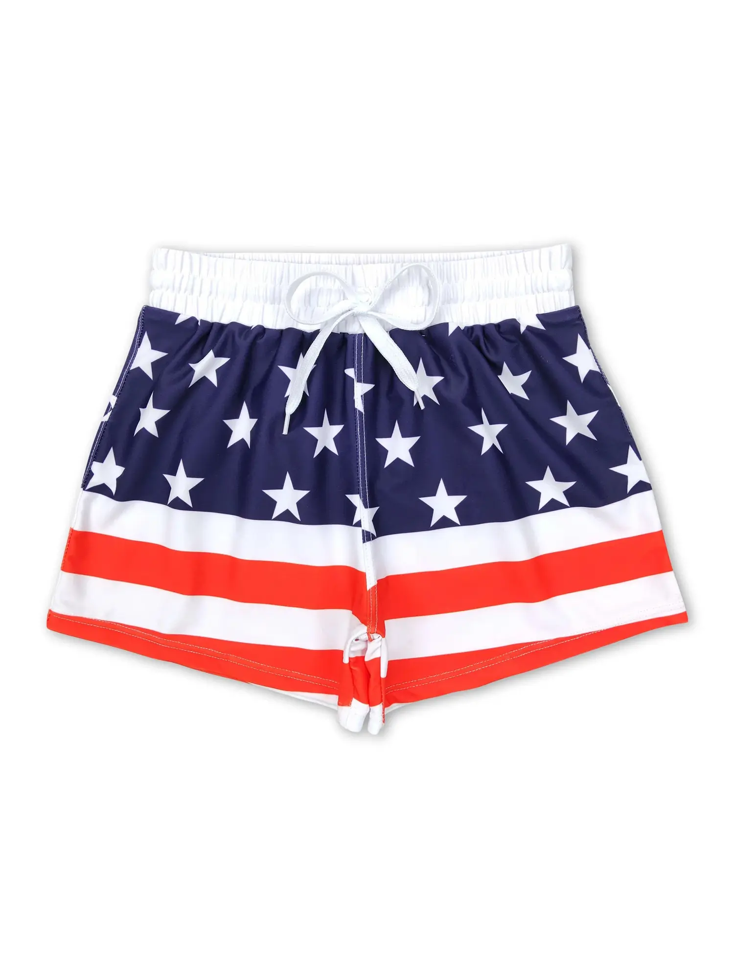 Boys' Patriotic Youth Swim Trunks, American Flag Star and Stripe Print Boy Shorts for the Beach, Pool, and 4th of July