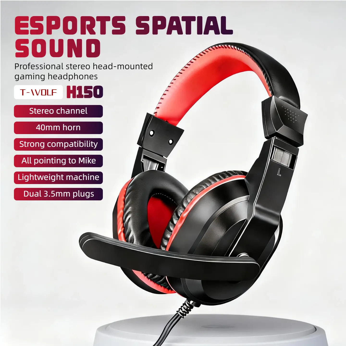 T-WOLF H150 Wired Gaming Headset with Mic, 40mm Dynamic Drivers, Stereo Sound, Sound Localization, Soft Over-Ear Cushions, Adjustable Mic, Dual 3.5mm for PC, Gaming