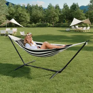 OUTGOODS Portable Double Hammock with Adjustable Sturdy Steel Stand - 450 lbs Capacity, Double-Layer Cotton, Heavy-Duty Ropes & Carry Bag - Ideal for Backyard, Camping, Outdoor Use | Hammocks for Patio Furniture, Hammock Hammocks