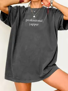 Women's Vintage Washed Loose-Fit T-Shirt - Casual Short Sleeve with "professional yapper" Funny Chatty Slogan Print